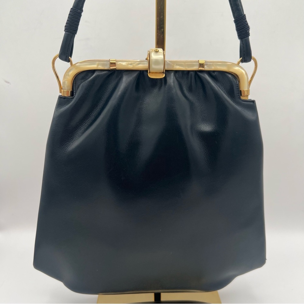 Rosenfeld Vintage Top Handle Bag with Pearl Inlay and Dark Navy Blue Leather